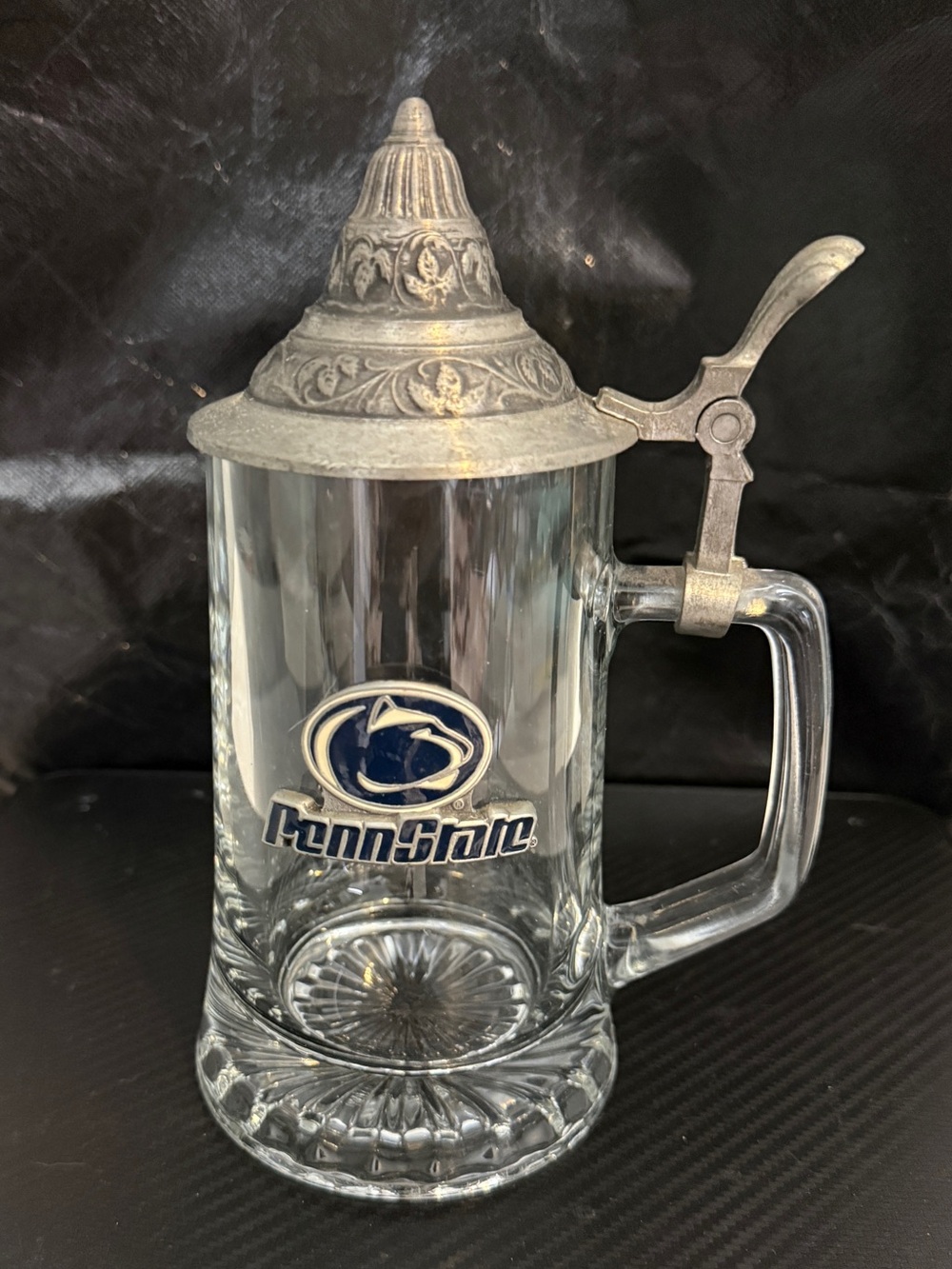 Penn State Nittany Lions Glass Beer Stein Mug Fine Pewter Lid 95% Tin Vintage